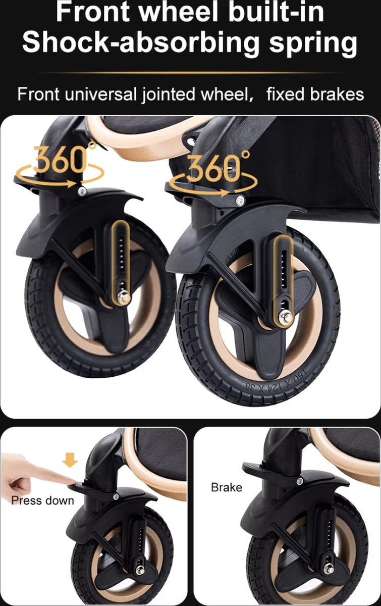 J&R Kinderwagen 3 in 1 - Kinderwagen - Wieg - Buggy - Autostoel - Opvouwbaar - Aluminium frame - Zwart - Goud