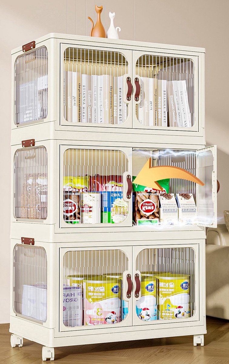 Storage cabinet - Foldable - Storage cabinets with doors - With wheels - Storage boxes - Storage box - Width 63cm - 2 layers - Storage - Organizer - Tidying up - Kitchen - Bathroom - Living room - Bedroom