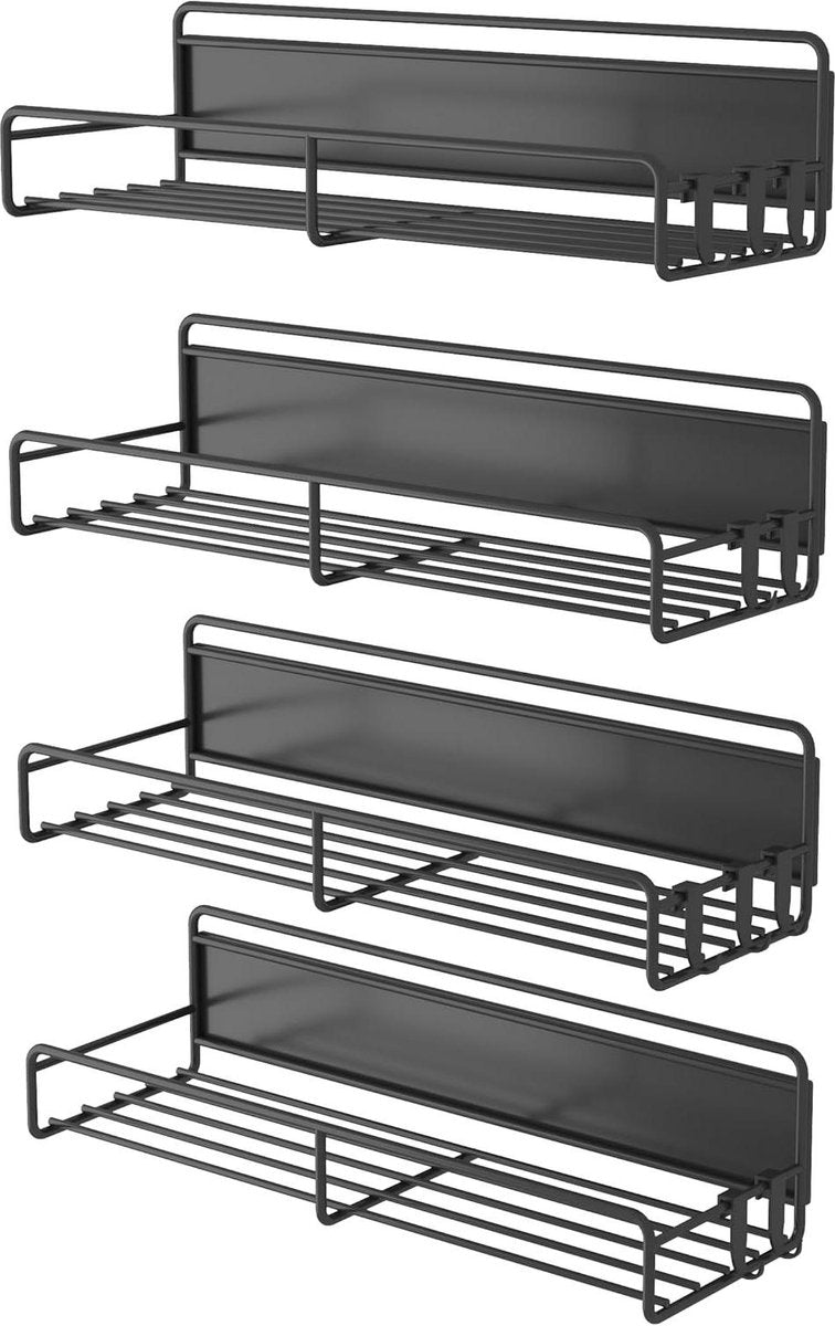 Magnetic Spice Rack for Refrigerator - Set of 4 Magnetic Spice Racks with 10 Hooks - Space-Saving Organizer for Refrigerator & Microwave - Black Hanging Spice Rack