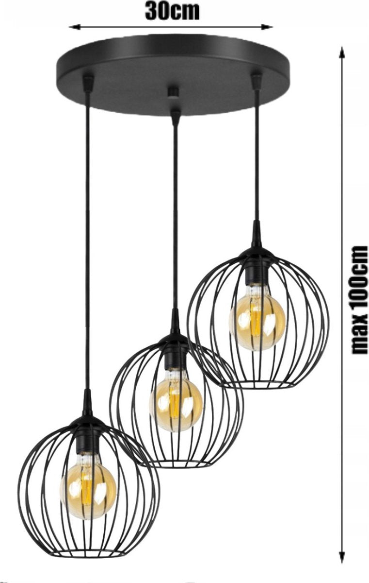 Hanglamp - Plafondlamp Industrieel Met 3 Glazen - Metalen Kappen Zwart Woonkamer/Eetkamer