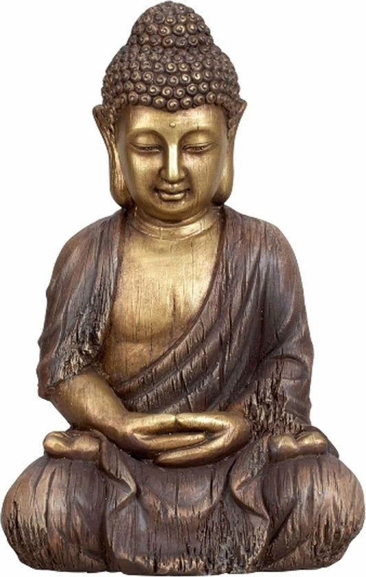 Buddha statue sitting - indoor/outdoor - artificial stone - brown/gold - 30 x 45 cm - with folded hands