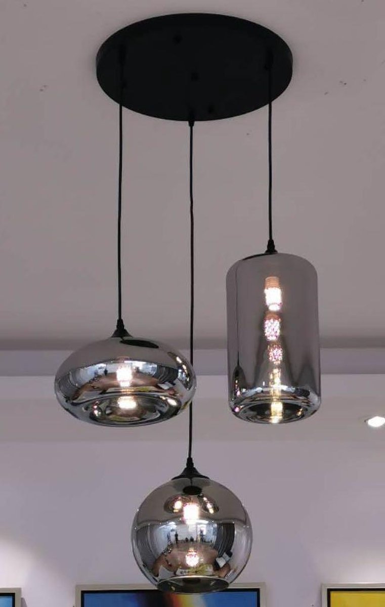 3-lichts hanglamp - smoke glas mix vorm - zwarte ronde ophangplaat 40cm Ø