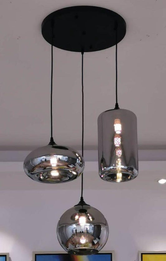 3-lichts hanglamp - smoke glas mix vorm - zwarte ronde ophangplaat 40cm Ø