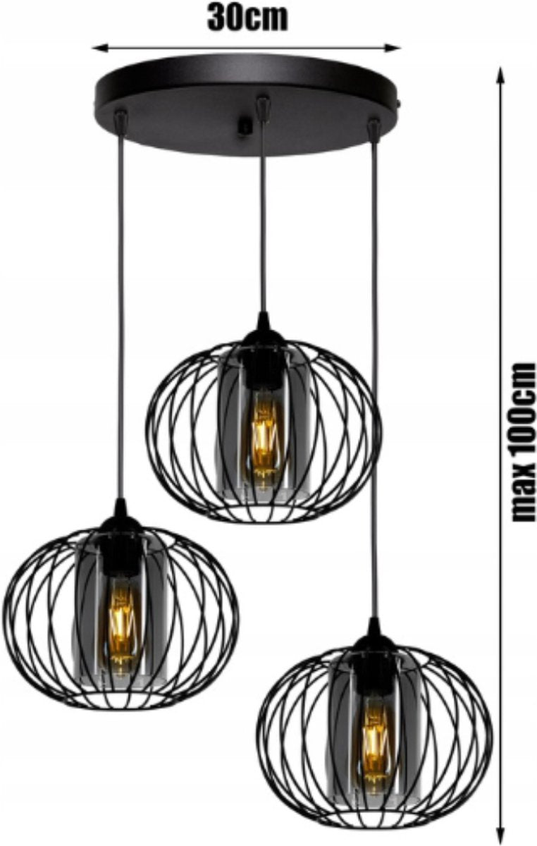 Pendant lamp - Ceiling lamp Industrial with 3 Wire/Glass Shades Black Smoke
