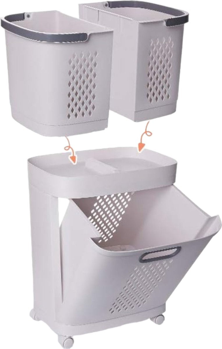 Laundry Basket 3 Compartments - White - Laundry Basket with Wheels - Laundry Sorter with Three Compartments - Plastic Laundry Basket