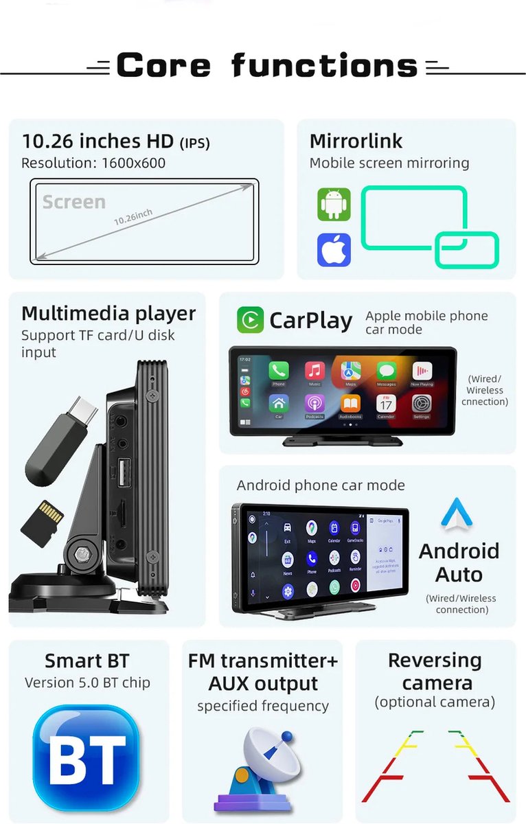 Carplay Scherm - Carplay Dongle - Carplay Apple - Carplay Android - Carplay Draadloos - Car Play - Carplay Dongle Apple - Carplay Dongle Android - Zonder Camera - Auto Radio - Multimedia Scherm -Wifi Video Speler - Universeel Scherm