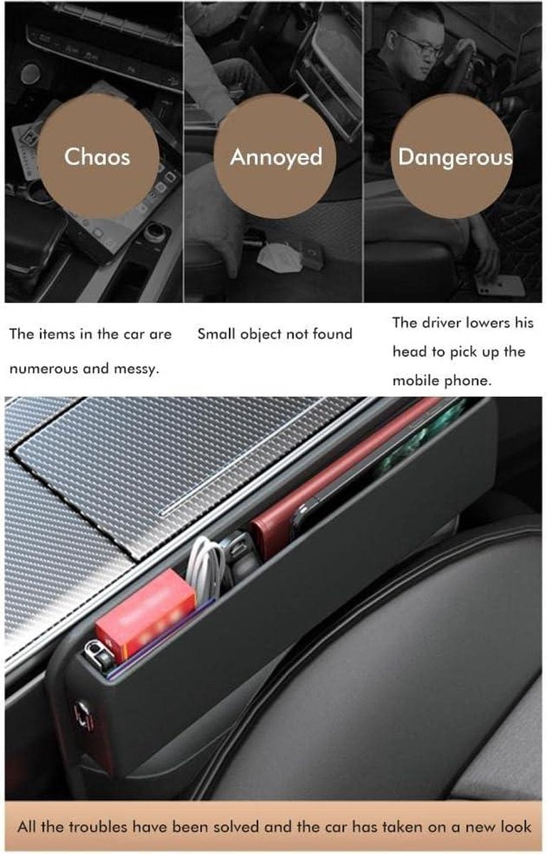 Car seat organiser van PU-leer - universele zijzak organiser met opbergvakken voor autoaccessoires, mobiele telefoons, kaarten en sleutels