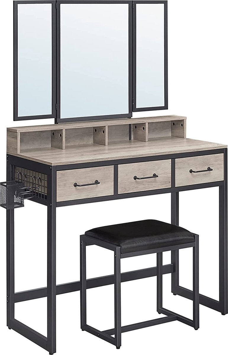 Toilettafel, Make-uptafel met inklapbare spiegel uit 3 delen, Föhnhouder, Kaptafel met gestoffeerde kruk, 3 lades, Industrieel ontwerp, Greige-zwart RVT004B02