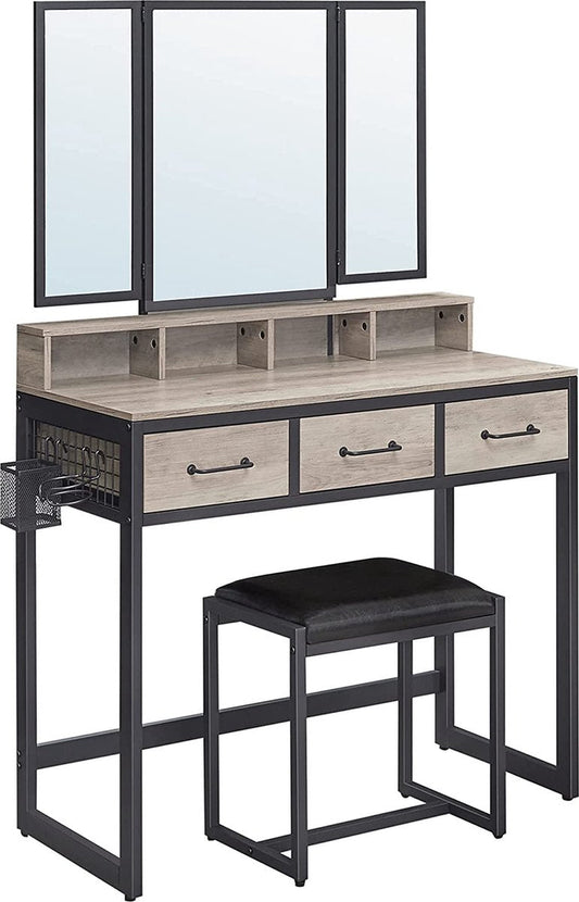 Toilettafel, Make-uptafel met inklapbare spiegel uit 3 delen, Föhnhouder, Kaptafel met gestoffeerde kruk, 3 lades, Industrieel ontwerp, Greige-zwart RVT004B02