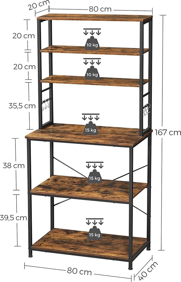 Segenn's Irish2 keukenkast - Keukenrek - Met 6 haken en metalen frame - Industrieel - Vintage Bruin-Zwart 80 x 40 x 167 cm