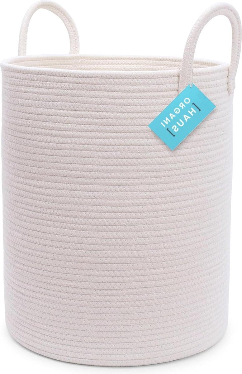 Wasverzamelmand Wit Groot - Dekenmand - Babywasmand - Geweven opbergmand - Strijkgoedmand - Speelgoedopbergmand - Katoenen touwmand - Wasgoedmand - Afmetingen 38x45cm wasmand