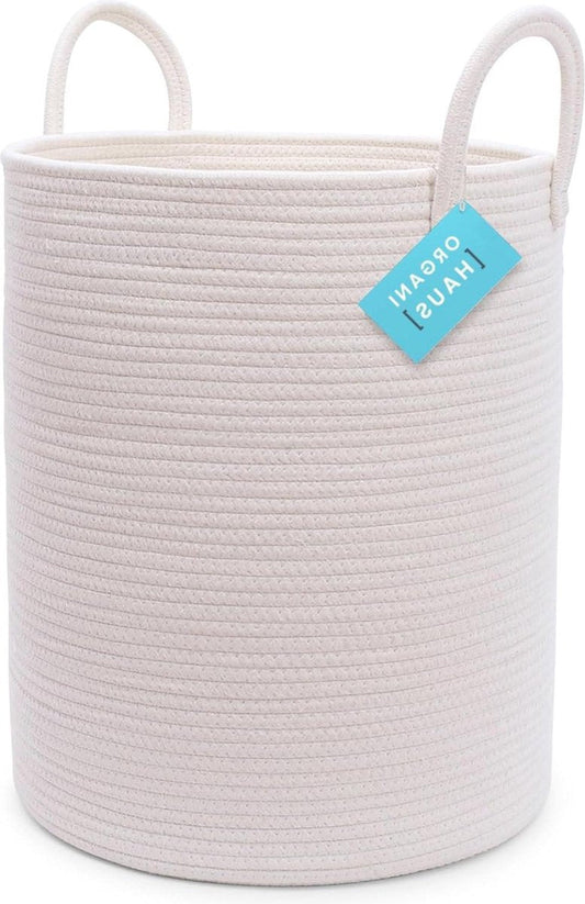 Wasverzamelmand Wit Groot - Dekenmand - Babywasmand - Geweven opbergmand - Strijkgoedmand - Speelgoedopbergmand - Katoenen touwmand - Wasgoedmand - Afmetingen 38x45cm wasmand