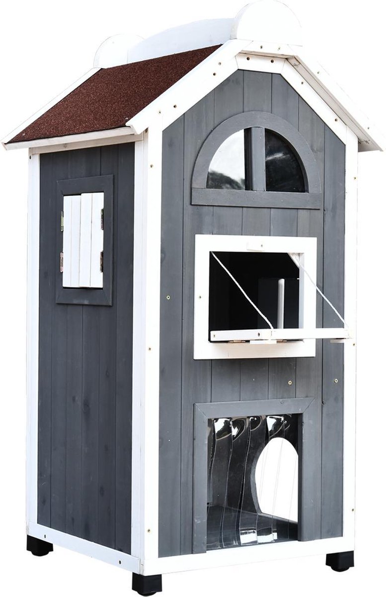 Cat villa with stairs and balcony - Cat house - Cat kennel - 2 floors - 59 x 55 x 109 cm - Wood - Grey