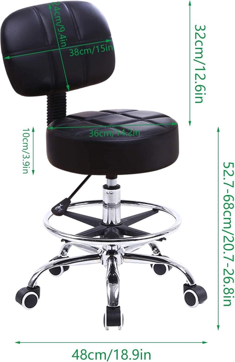 Height Adjustable Stool with Backrest - PU Leather Salon Chair with Wheels - Black
