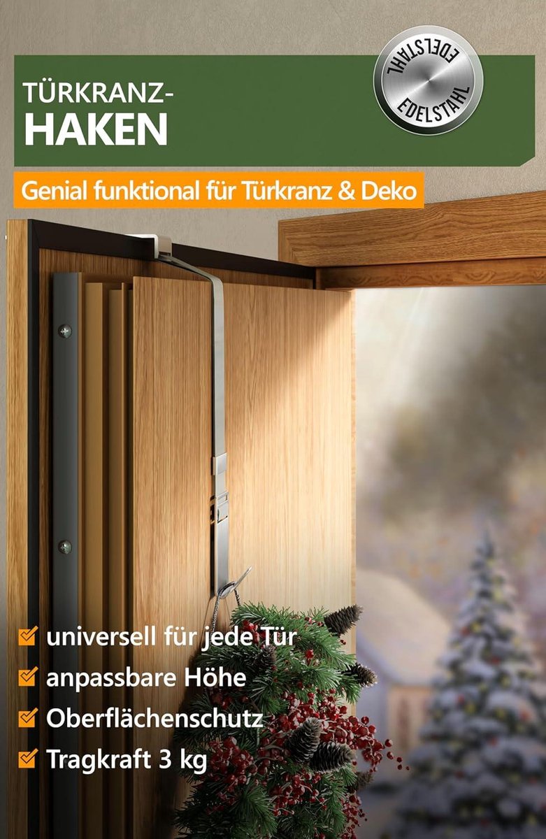 Door wreath hook stainless steel - flexible door hook for wreaths - universal hook for indoor and outdoor doors