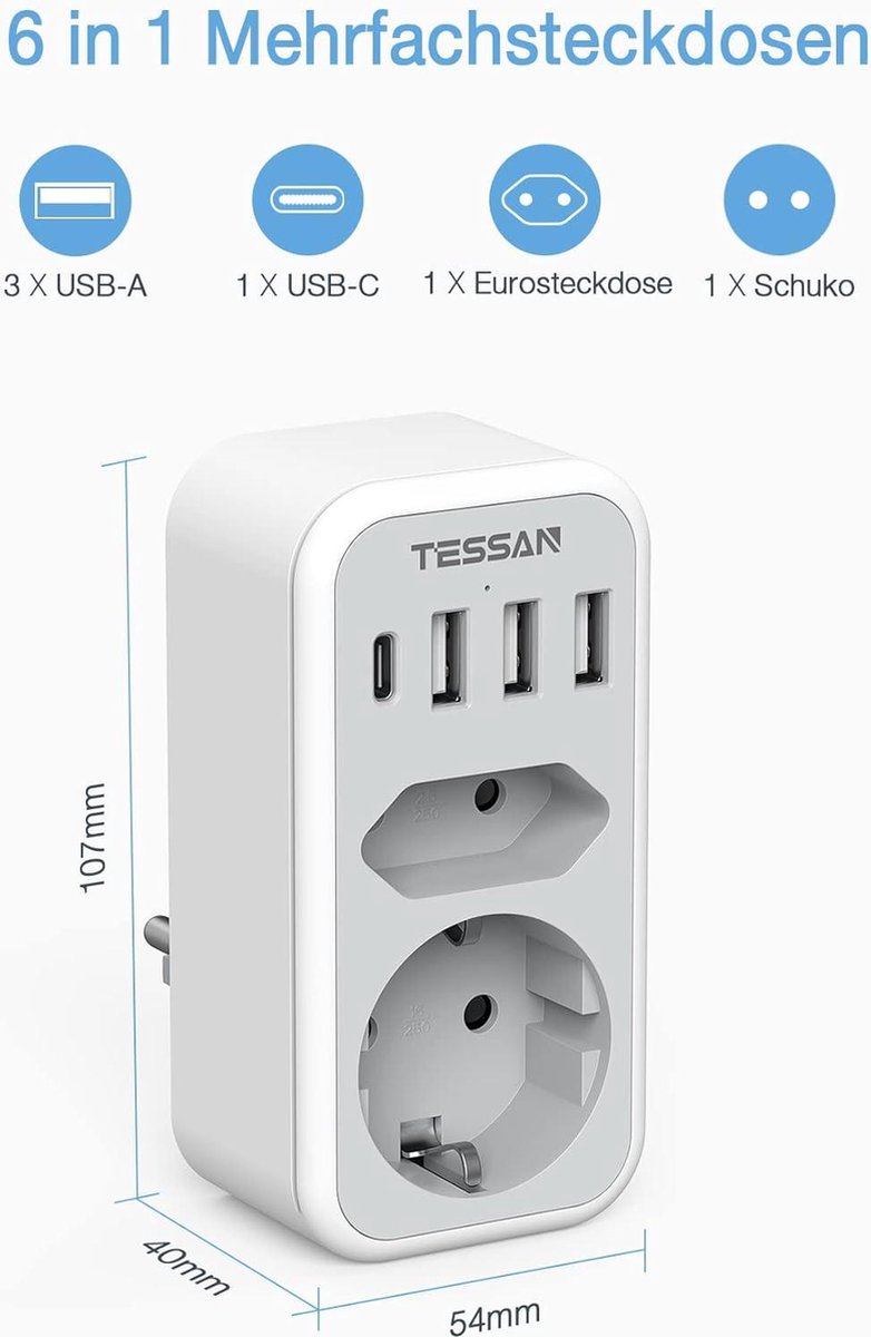 Dubbele Stekkeradapter Stopcontact USB C - 2-voudig met 4 USB Netstekker - Meervoudige Stekker en USB C Adapter Grijs