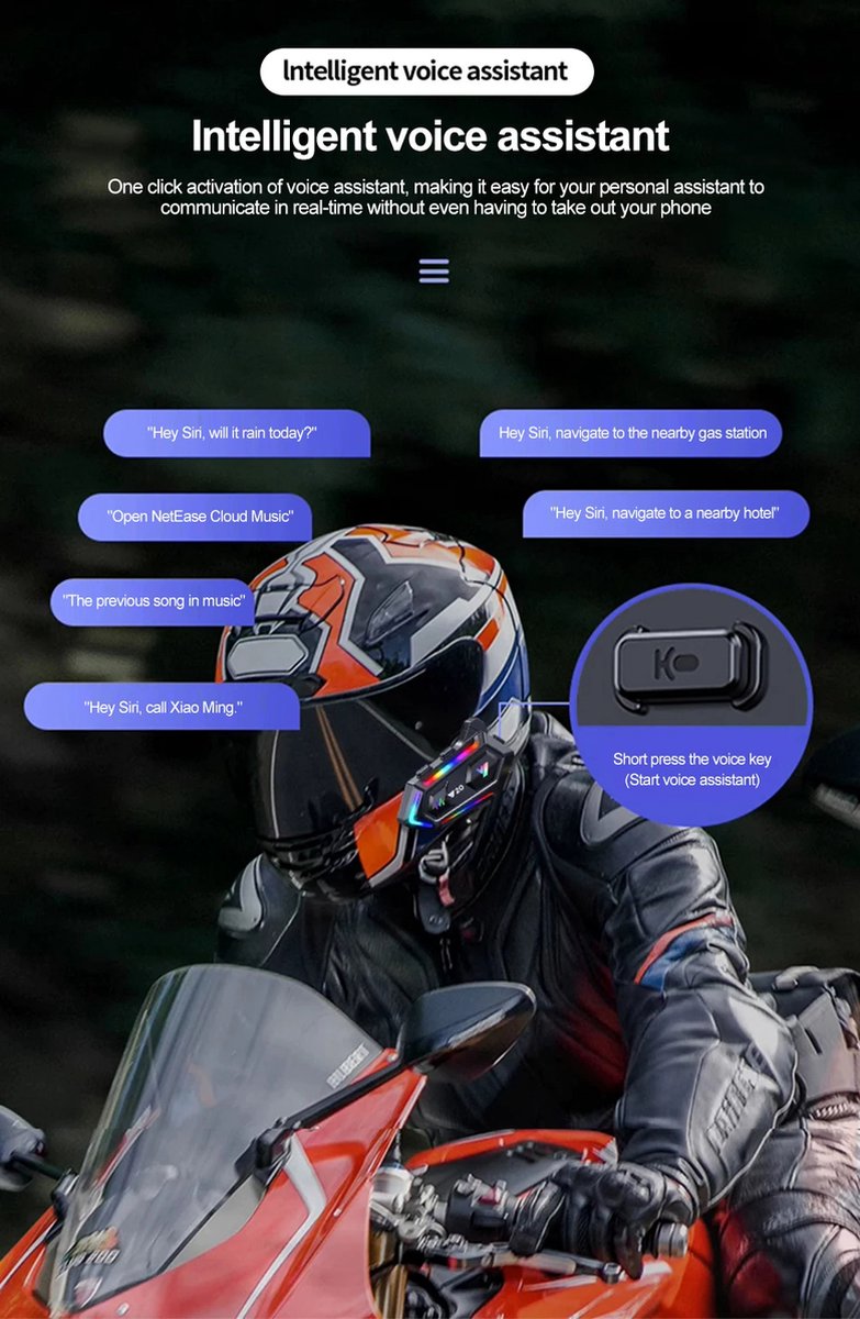 Motorhelm Headset - Headset Met Microfoon - Oortjes - Draadloos - Waterdichte Oortelefoon - IPX6 Helm Headset - 5.3 Bluetooth Communicatie - 72 Uur Lange Werking - 16 Kleuren RGB Verlichting - Zwart