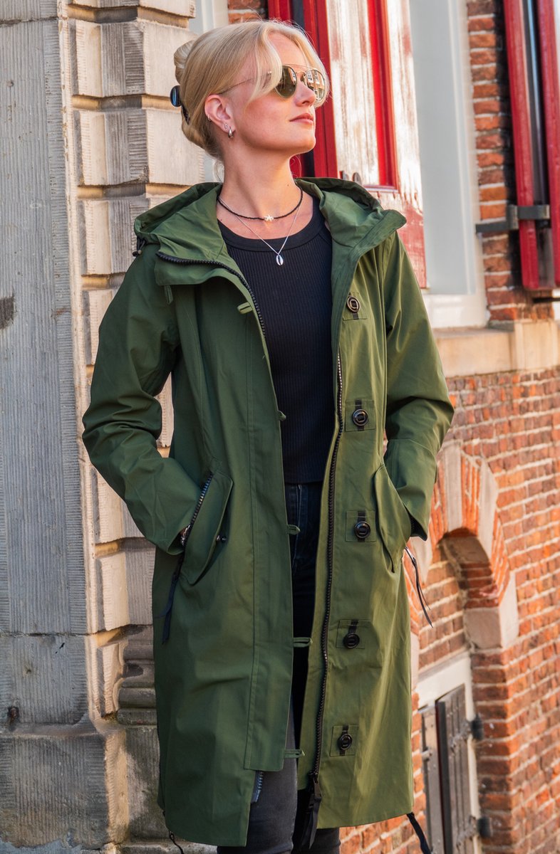 Long women's mid-season jacket - Water-repellent & tailored - Army green - Size 40