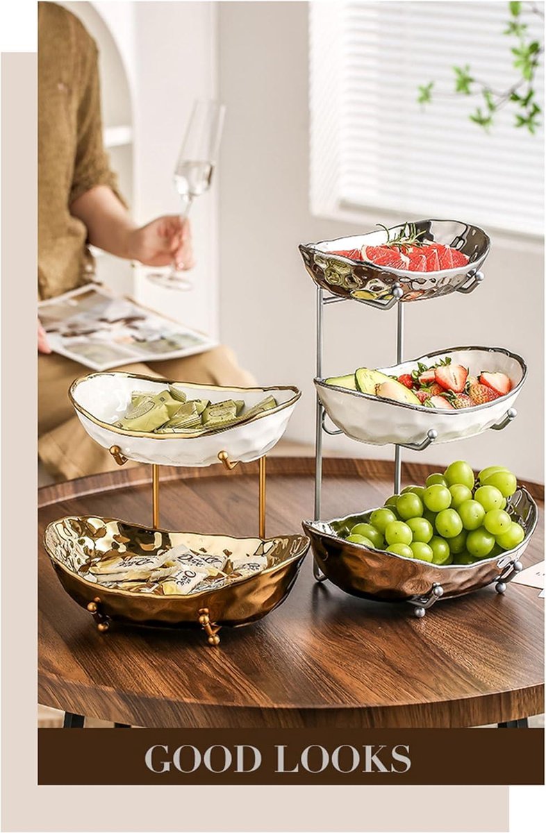 Ceramische fruitschalen met 3-laags metalen rek - fruitmand keramiek - ovale gelaagde keramische serveerschaalset - snoep, snack, noten, cake, dessert - feest, restaurant (goud)