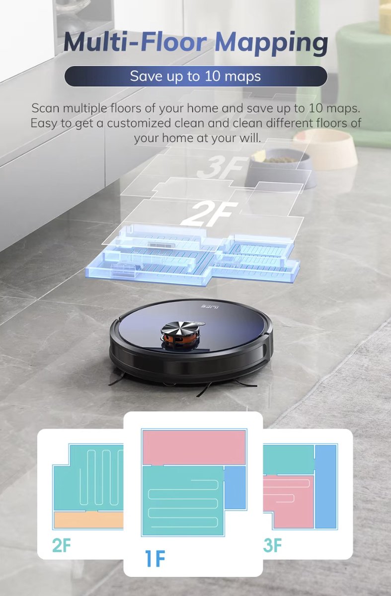 J&R Robotstofzuiger - Automatische lediging - Stofzuiger - Spraakbediening - Zuigen en dweilen - WiFi - 3KPa Zuigkracht - Slimme mapping - Alexa - Google Assistant - Zwart
