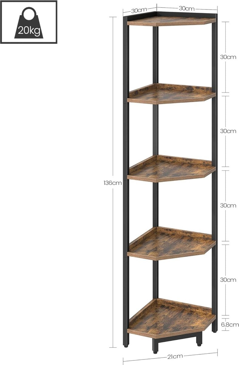 Corner Shelf Stand, 5-Tier Corner Bookshelf, Storage Stand with Metal Frame, Plant Stand, Corner Bookcase for Living Room Home Office, Rustic Brown and and Black