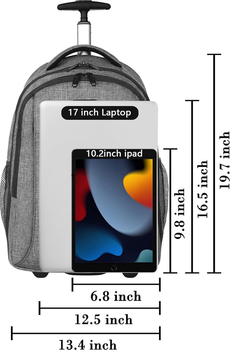 Schoolrugzak met wielen, zakelijke trolley, lichtgewicht handbagage, vliegtuig, reisrugzak, heren, 17 inch, laptoptas, reistas met wielen, dames, schooltrolley, rugzak met wielen, voor werk, universiteit,