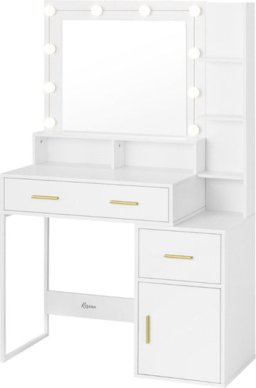 Kaptafel - Met Spiegel en Verlichting - Make-up Tafel - Toilettafel - Hollywood - 90x40x143 Cm - Led Lampen - Wit