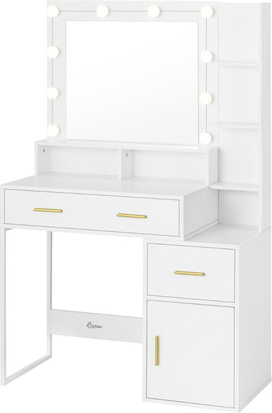 Kaptafel - Met Spiegel en Verlichting - Make-up Tafel - Toilettafel - Hollywood - 90x40x143 Cm - Led Lampen - Wit