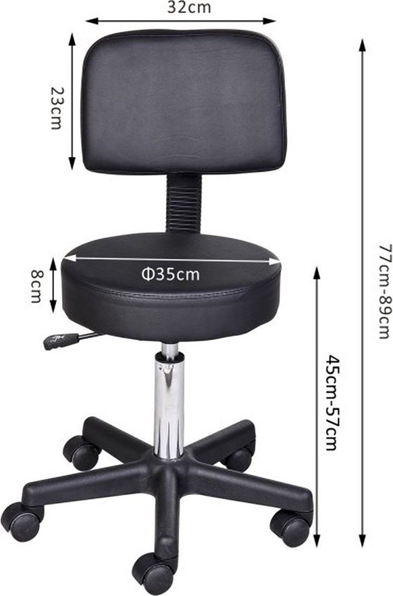 Comfortabele tabouret - Tabouret met rugleuning - Werkkruk - Draaikruk - Kapperskruk - In hoogte verstelbaar - Zwart