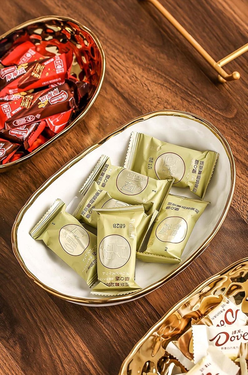 Ceramische fruitschalen met 3-laags metalen rek - fruitmand keramiek - ovale gelaagde keramische serveerschaalset - snoep, snack, noten, cake, dessert - feest, restaurant (goud)