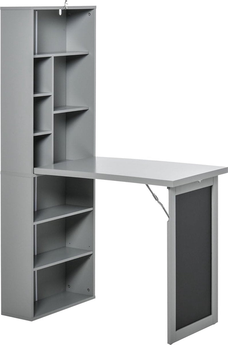 Foldable computer desk, desk with storage, foldable wall table with bookcase, workstation, chalkboard and adjustable shelf, dark gray