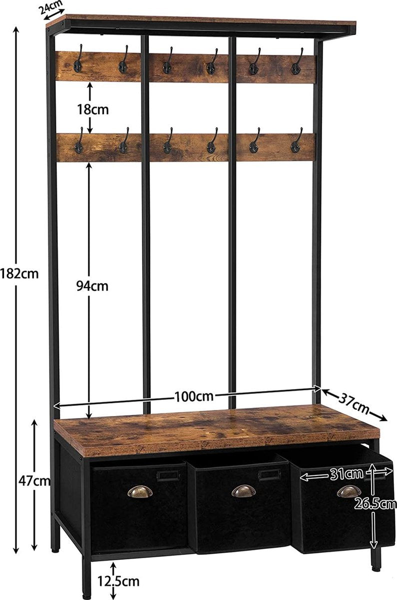 Kapstok, grote garderobe, kledingstandaard met 12 haken, zitvlak met 3 opbergdozen, schoenenbank, stabiel, industrieel, voor entree, woonkamer, slaapkamer