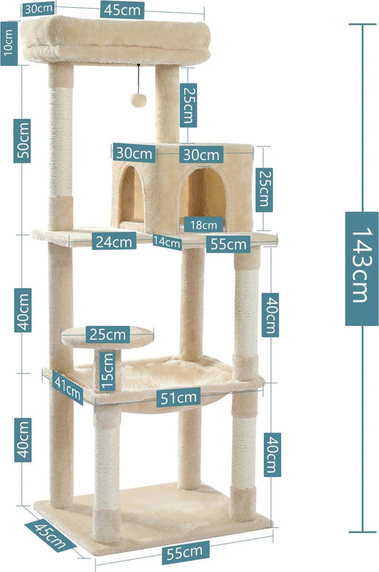 Nique Krabpaal - Krabpaal voor Grote Katten - Kattenboom met Hangmat - Kattenpaal - 143 cm - Beige