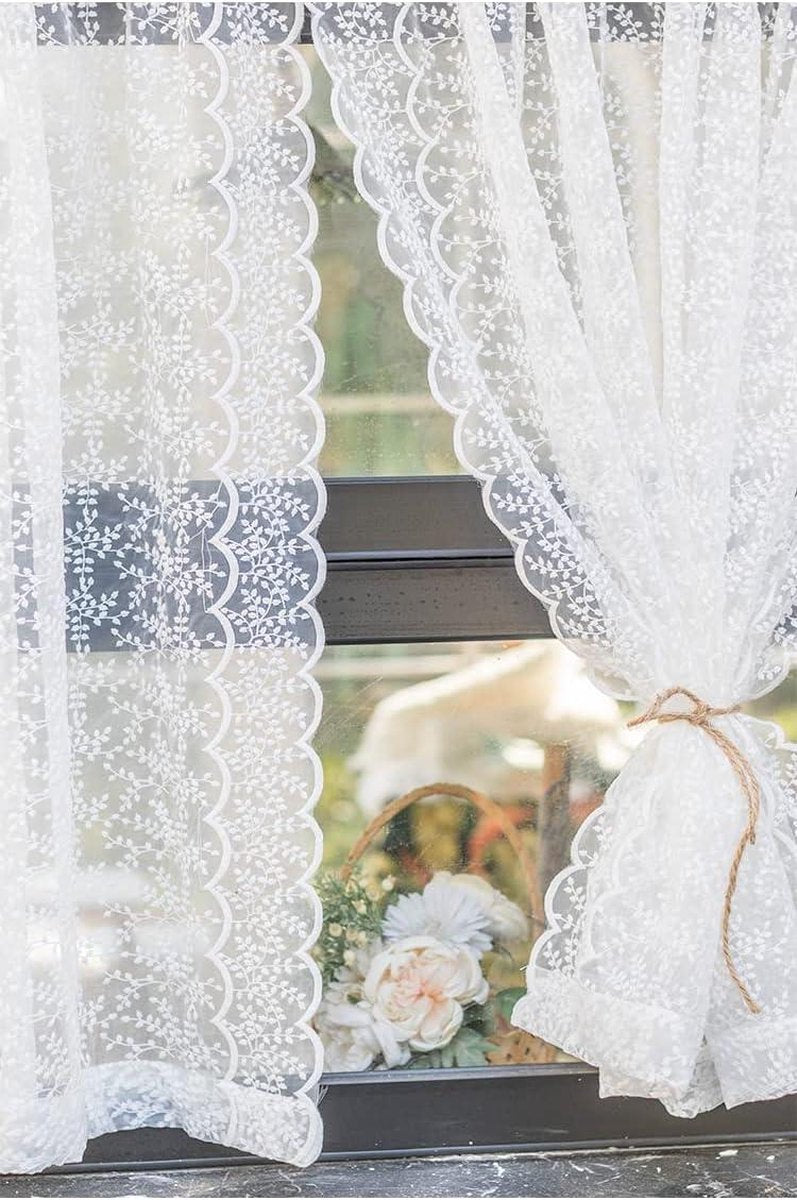 Green Harmony Delicate Translucent Curtain in Kitchen-Living Room Country Style - Net Curtain with Lace Design - 130x100cm - White ready-made net curtain with hooks