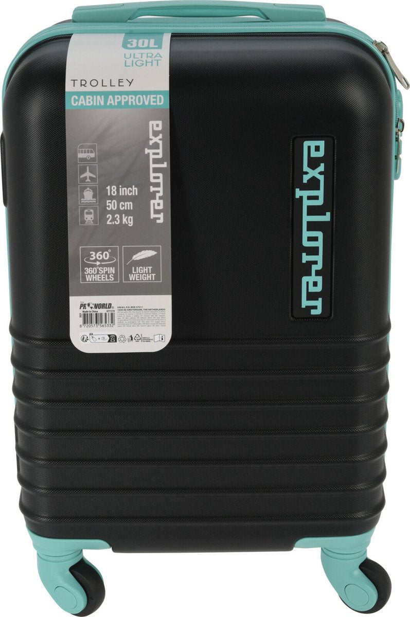 Cabin handbagage reistrolley koffer - zwenkwielen - 34 x 22 x 52 cm - 30 liter - zwart/mint - cijferslot