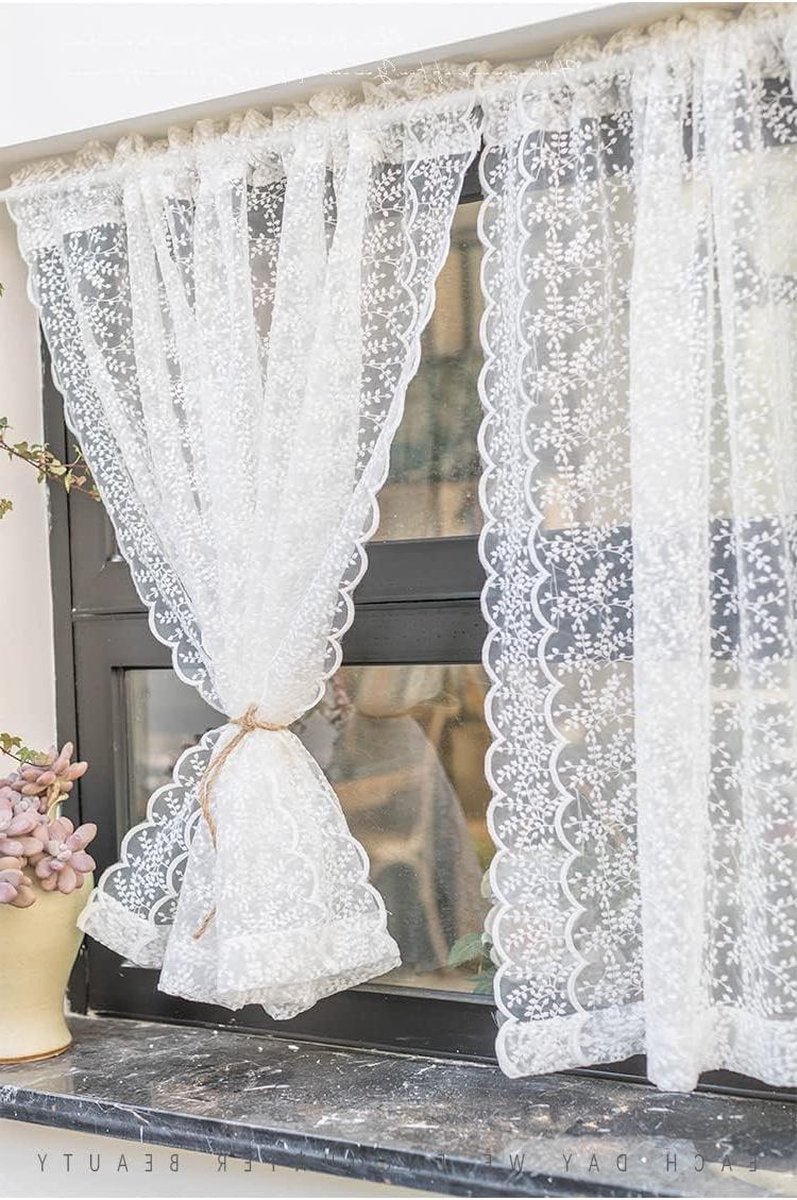 Green Harmony Delicate Translucent Curtain in Kitchen-Living Room Country Style - Net Curtain with Lace Design - 130x100cm - White ready-made net curtain with hooks