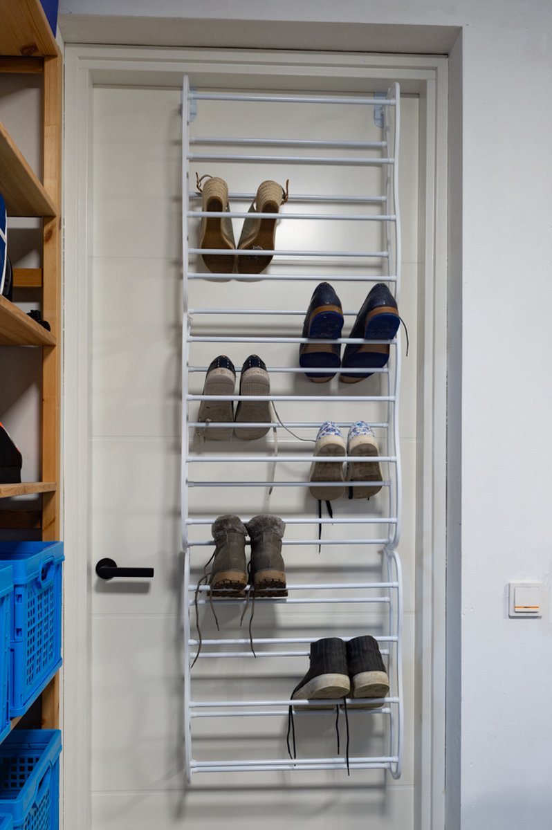LG Life's Green Schoenrek Hangend – 180x50x20cm - Schoenrek – Geschikt Voor Stompe en Opdekdeuren – Schoenrek voor 24 tot 36 Paar Schoenen – Deurhanger – Ruimtebesparende Schoenbank – Schoenopberger – Kunststof/Metaal – Wit