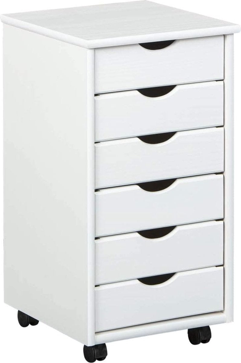 Mobile drawer cabinet with 6 drawers - Office drawer cabinet - Solid pine - White lacquered - 296x345x9 cm