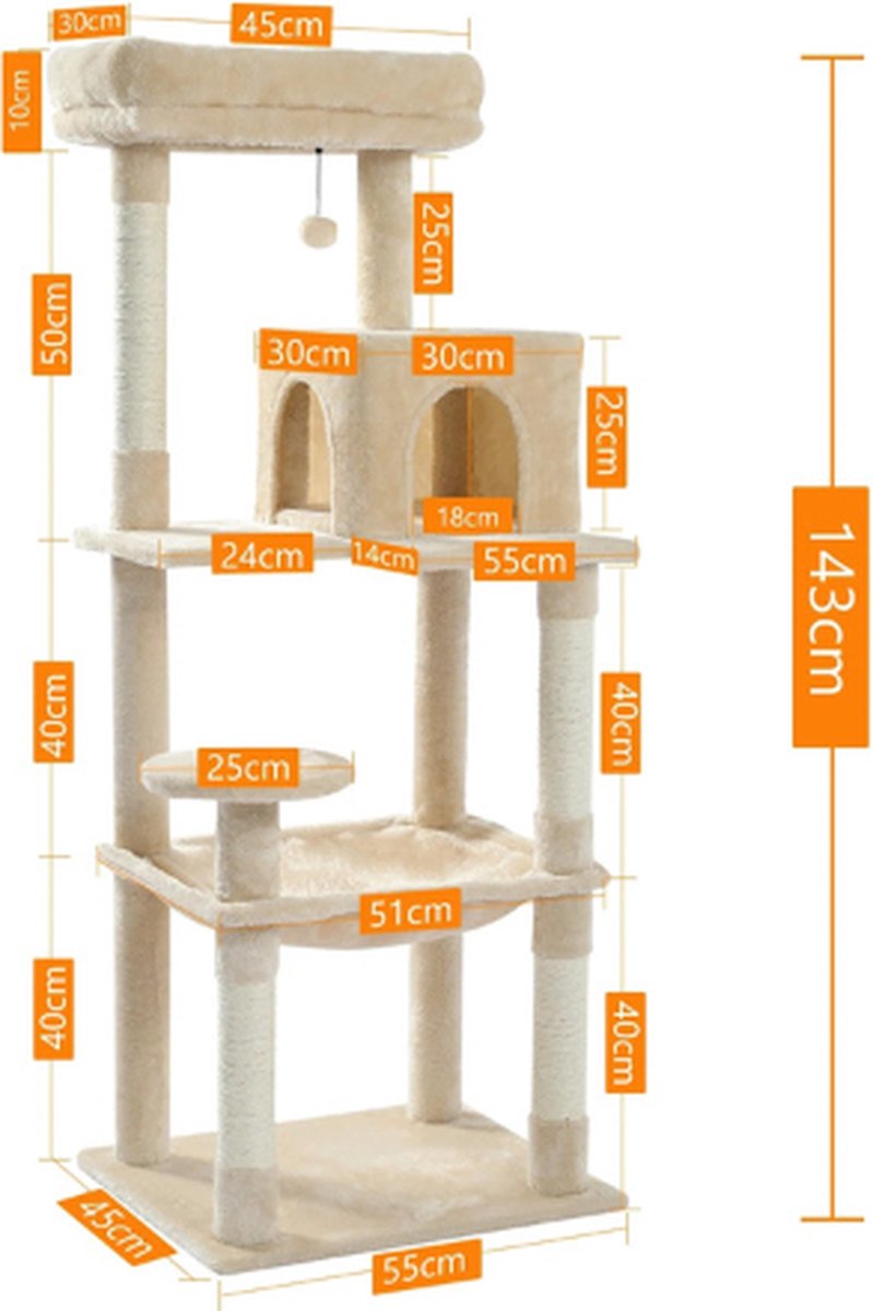 Rakmishop - Krabpaal - 5 Verdiepingen - Kattentoren - Krabpaal - Krabpaal voor grote katten - Krabtoren - 143x50x45 cm - Beige