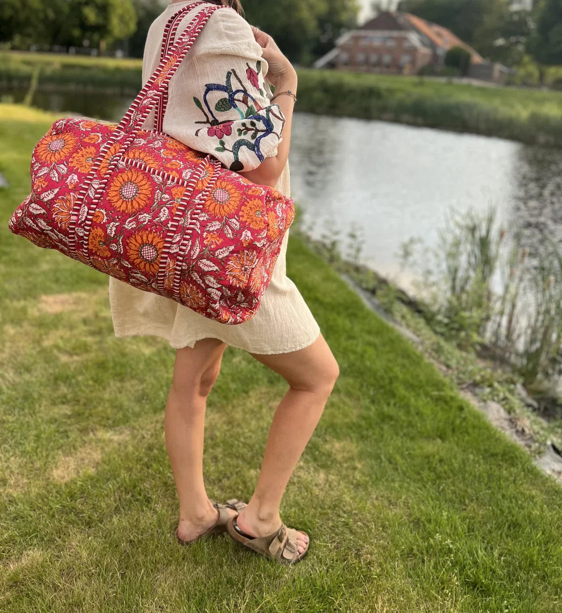 Weekendtas - Schoudertas - India - Luiertas - Groot - Dufflebag - Rood Oranje bloemen