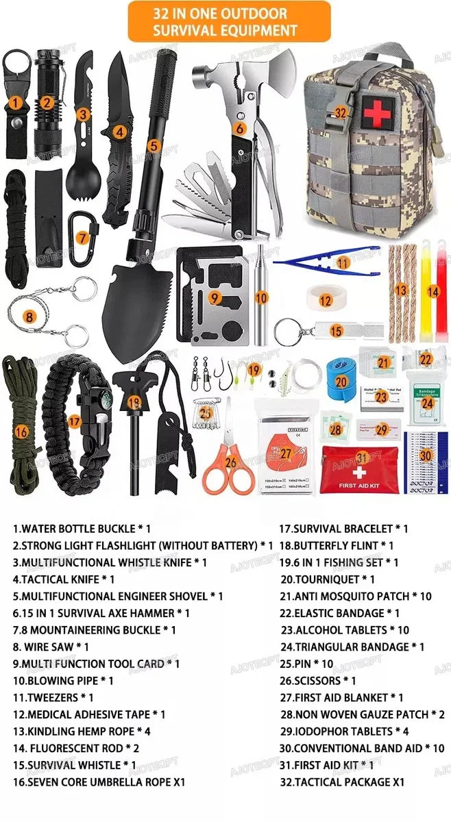 Noodpakket - Survival kit - Overlevingspakket - Outdoor kit - EHBO-kit - Kampeeruitrusting - Survivalset