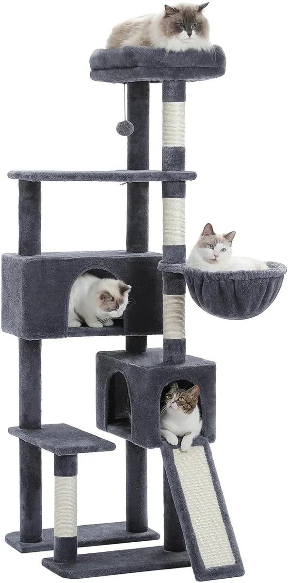 Way Cat Scratching Post, 154 cm Cat Tree with Two Condos, Spacious Perch, Cozy Basket, and Sisal-Covered Scratching Posts for Indoor Cats, Dark Grey.