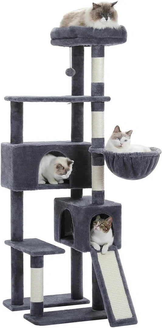 Way Cat Scratching Post, 154 cm Cat Tree with Two Condos, Spacious Perch, Cozy Basket, and Sisal-Covered Scratching Posts for Indoor Cats, Dark Grey.