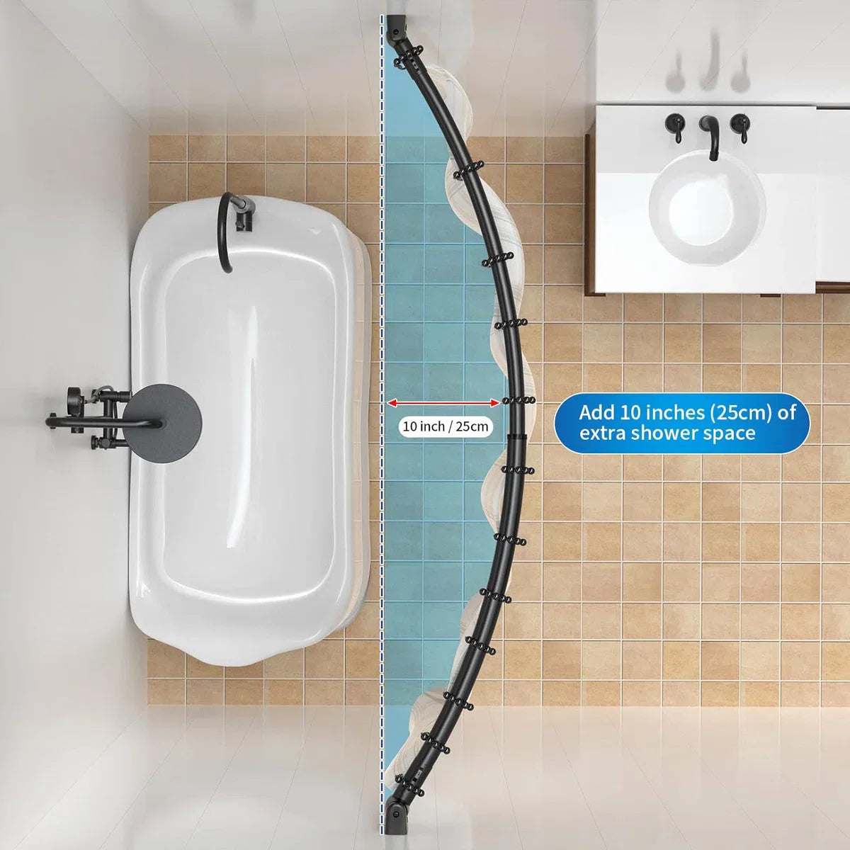 Gebogen douchegordijnroede met 12 ringen - Stevige hoekstang douchegordijn zonder plafondbeugel - Roestvrije douchegordijnroede voor in de hoek - 100-200 cm - Uitschuifbare douchegordijnroede bad & douche Zwart