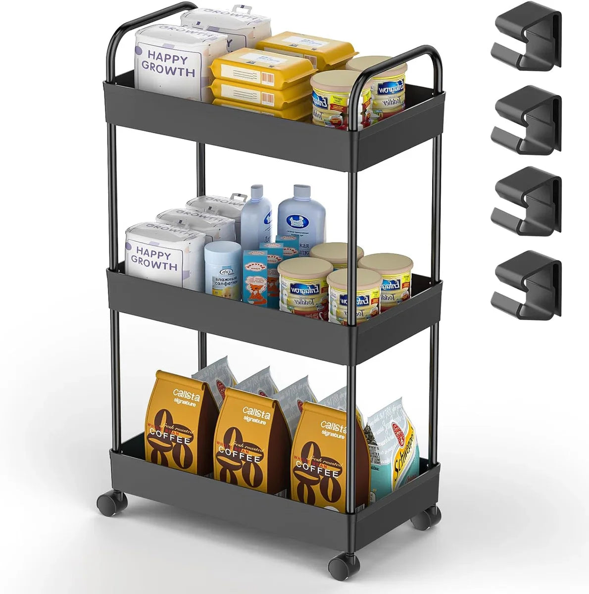 3-laags keukenwagen, serveerwagen, opbergwagen, verrijdbare snackwagen, badkamerwagen, multifunctionele trolley met handvat, haken, rolwagen, nisrek op wielen, voor keuken, slaapkamer