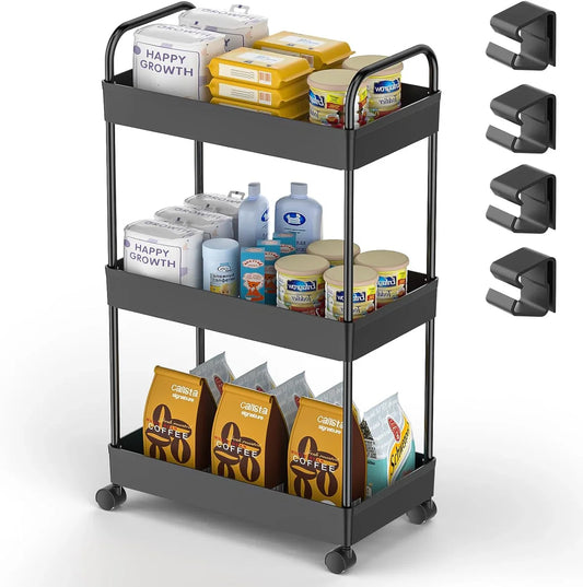 3-laags keukenwagen, serveerwagen, opbergwagen, verrijdbare snackwagen, badkamerwagen, multifunctionele trolley met handvat, haken, rolwagen, nisrek op wielen, voor keuken, slaapkamer