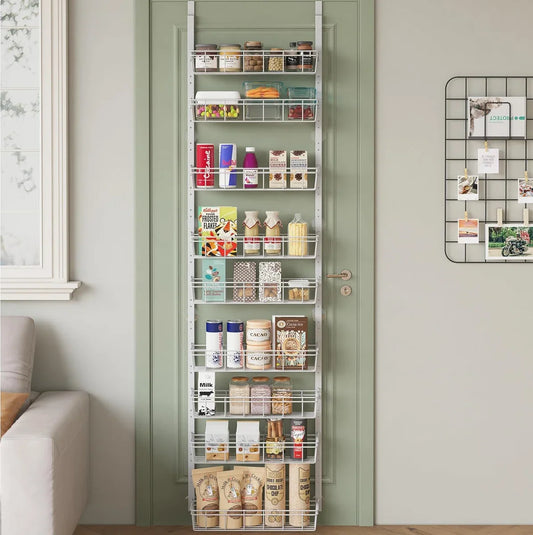 Over Door Hanging Organizer - Metal Door Rack with 9 Adjustable Tiers and 2 Hooks - Storage for Household Essentials - White