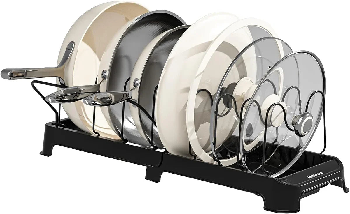 Expandable Cutting Board Racks Pot Lids Holders Pans Organizers Racks Bakeware Dishes Plates Storage Stand 12 Adjustable Compartments Kitchen Countertop Pantry Cabinet Under Sink, Black