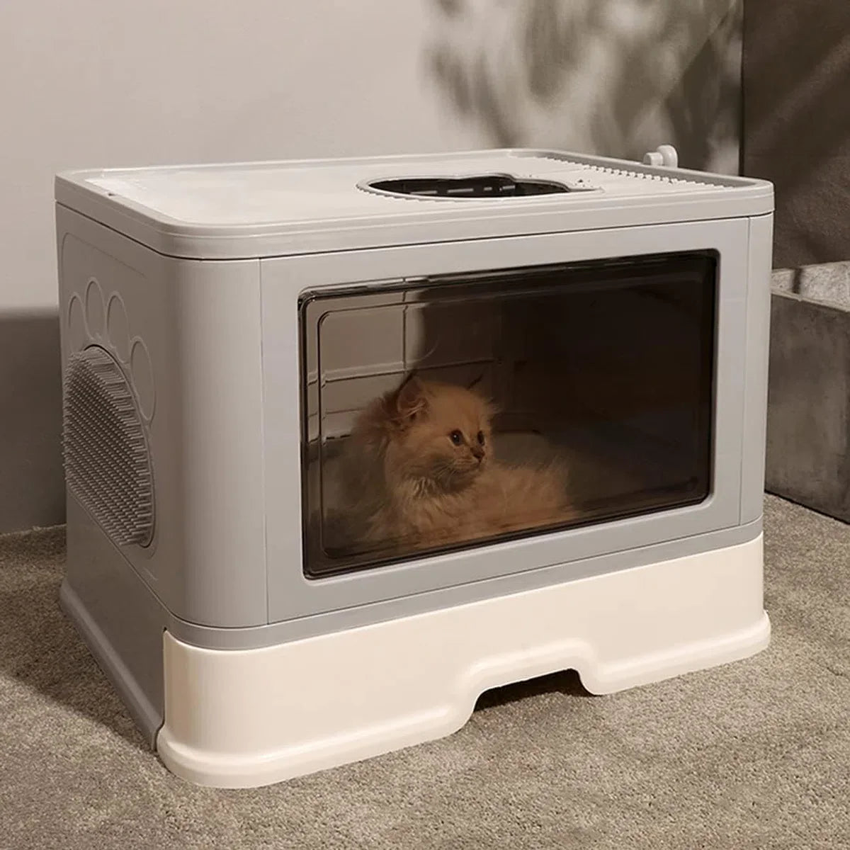 Covered Cat Litter Box - Large Opening - XXL Foldable Litter Tray - Scoop - Cat Brush - No Odor and Litter Tracking