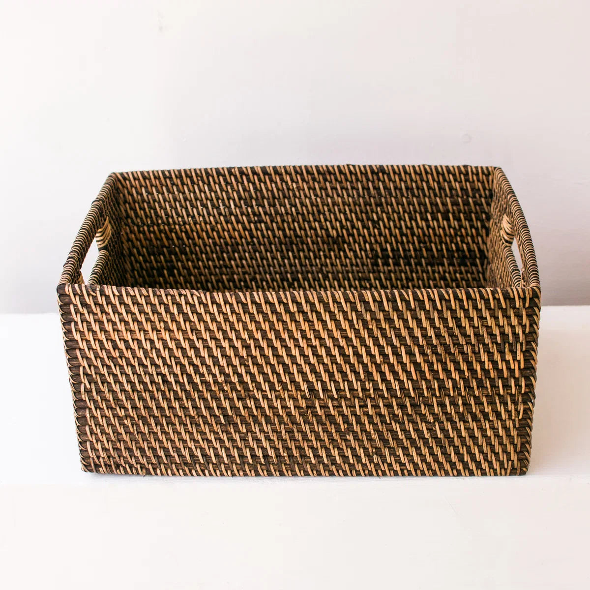 Dark rattan storage basket - storage box - 35 cm x 25 cm x 16 cm